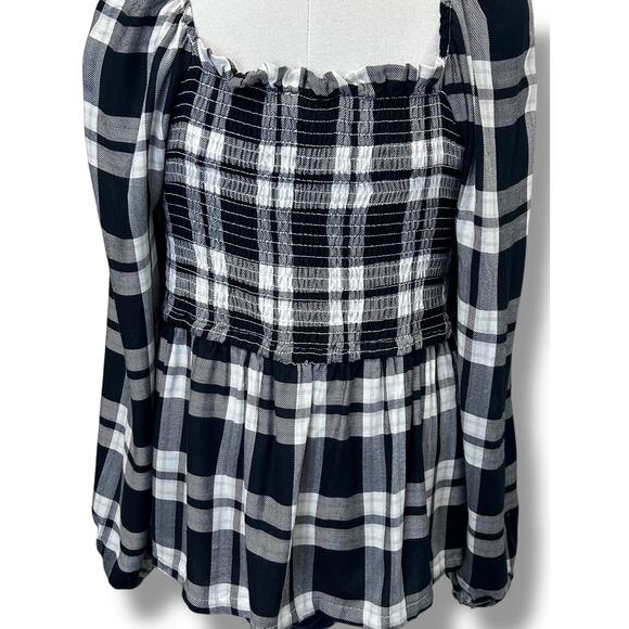 Inner Circle Women’s Long Sleeve Smock Bodice Blouse, Black Plaid, size XL - Picture 5 of 10